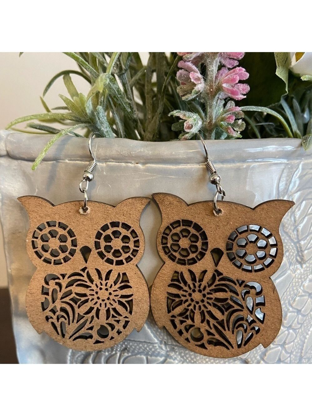 Wood Owl Earrings Dangly Lightweight Tan 1.5"